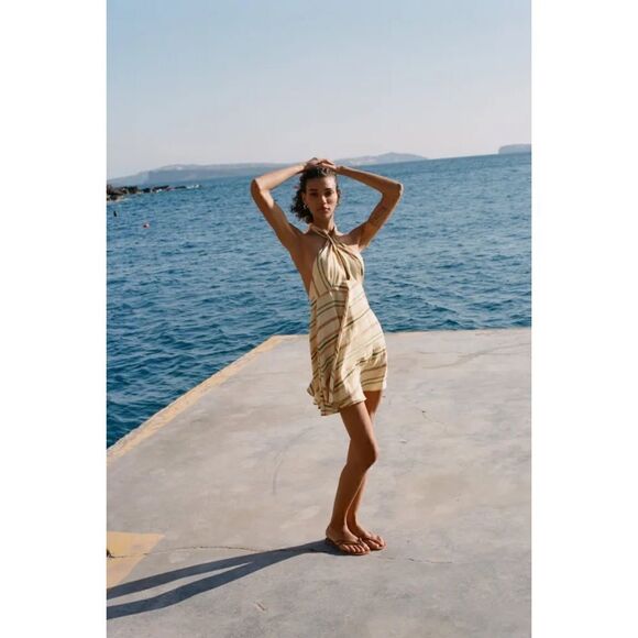 NWOT Zara Blogger’s Favorite Striped Linen Blend Wrap Halter Mini Dress, XXL - Picture 5 of 16